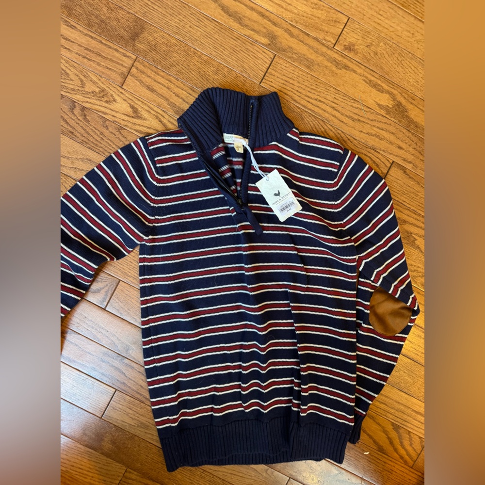 Hope & Henry Boys Striped Navy Sweater with Elbow Patches size L